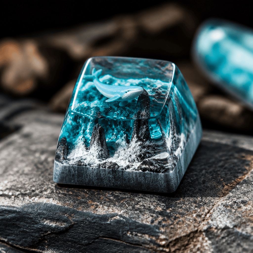 Một chiếc artisan keycap là gì với hình tượng nhân vật hoạt hình màu sắc, đặt trên bàn phím cơ.